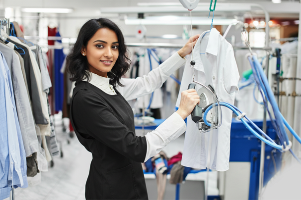 Dry Cleaners A lady showing up the white shirt after dry cleaning